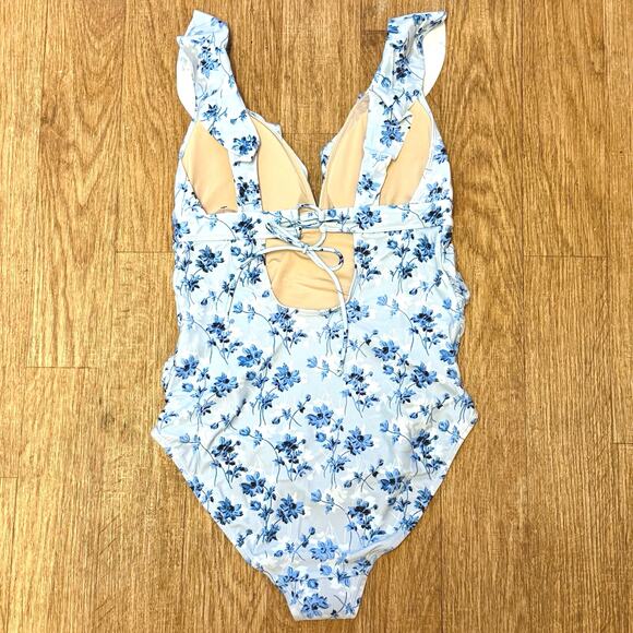 A Pea in the Pod Maternity Blue Floral Ruffle One-Piece Swimsuit Size Medium - Picture 8 of 13